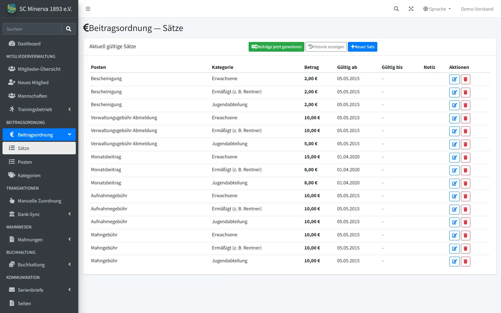Beitragsordnung in ClubCoPilot mit Sätzen je Kategorie und Gültigkeitszeitraum