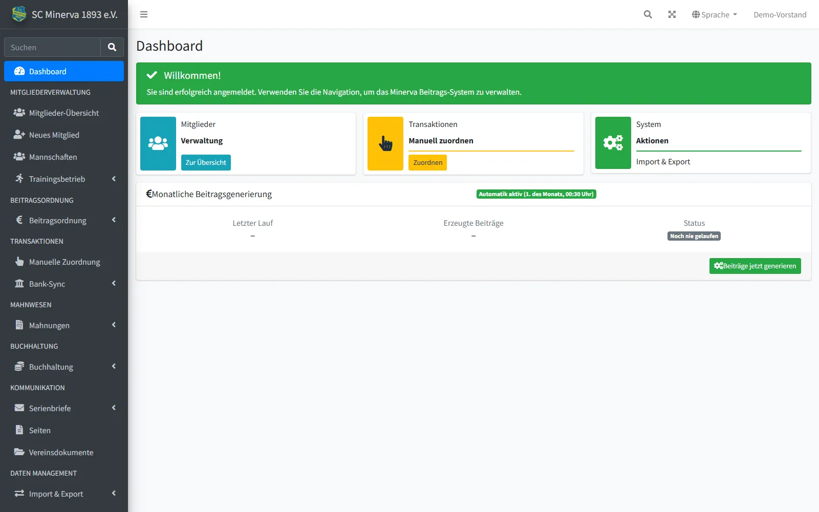 Dashboard von ClubCoPilot mit Kennzahlen zu Mitgliedern und Finanzen
