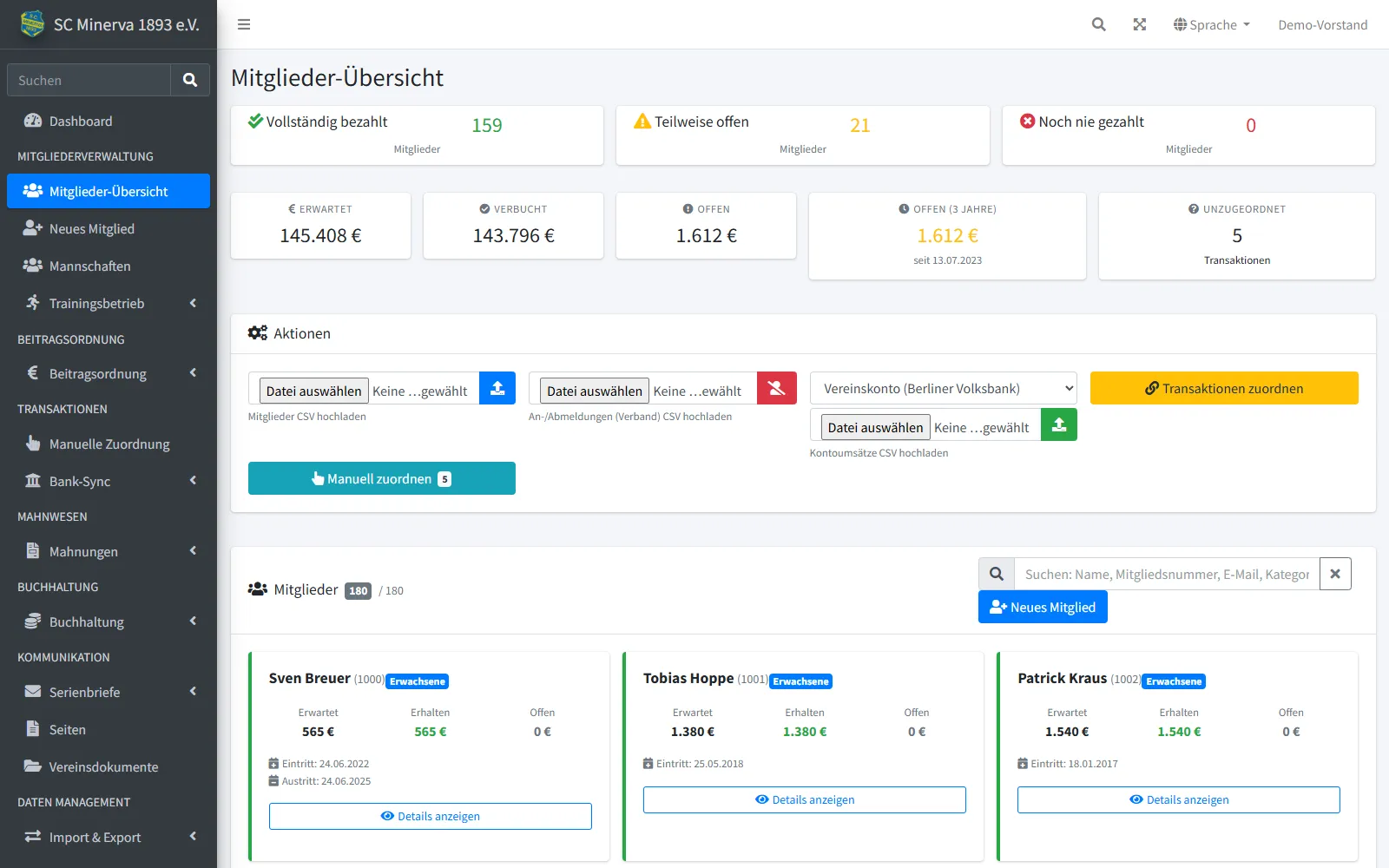 Mitgliederliste in ClubCoPilot mit Filtern und Status je Mitglied