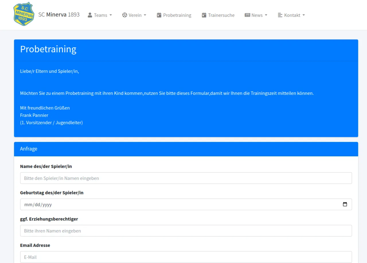 Screenshot der Vereins-Website von SC Minerva 1893