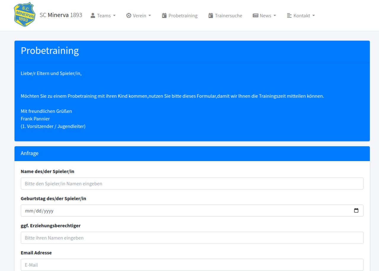 Screenshot der Vereins-Website von SC Minerva 1893